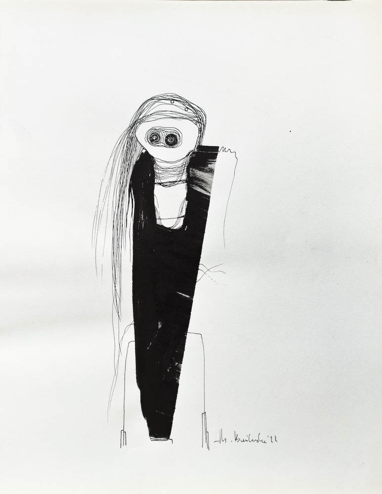  Sadness. Drawing, ink on paper. 2022 Małgorzata Bańkowska. Surreal artist from Poland. Artist sketchbook. NFT Artist, biomechanics. Auctions.