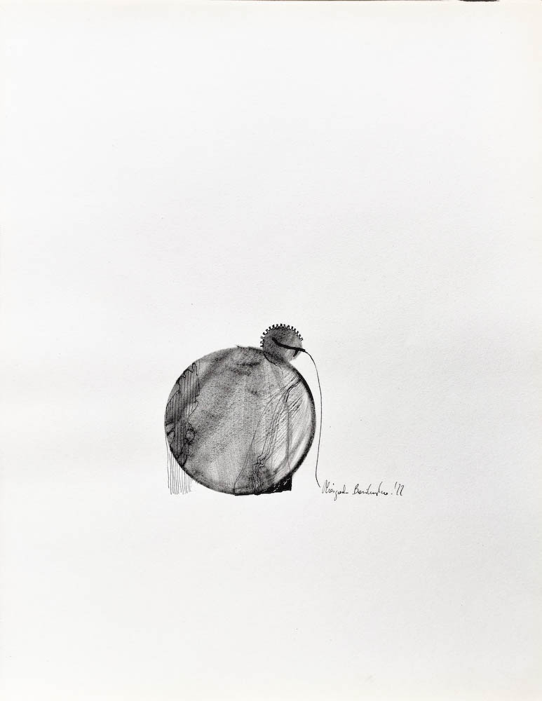  Boom. Drawing, ink on paper. 2022 Małgorzata Bańkowska. Surreal artist from Poland. Artist sketchbook. NFT Artist, biomechanics. Auctions.
