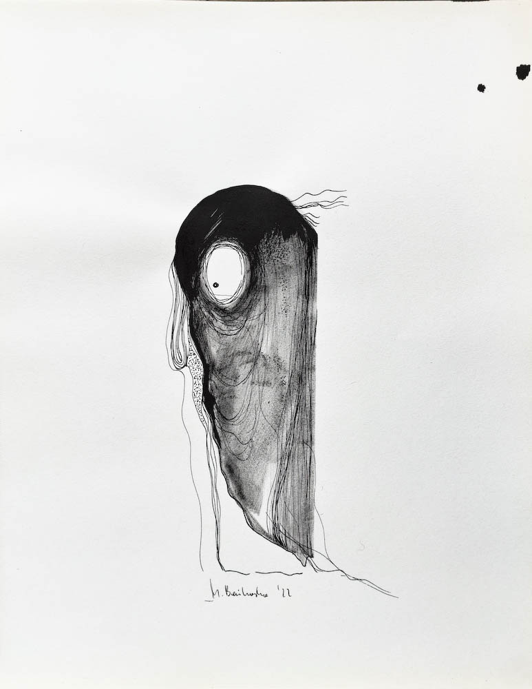  Pstro. Drawing, ink on paper. 2022 Małgorzata Bańkowska. Surreal artist from Poland. Artist sketchbook. NFT Artist, biomechanics. Auctions.