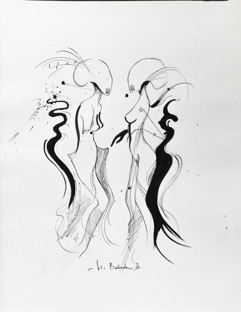 Sisters. Drawing, ink on paper. 2022 Małgorzata Bańkowska. Surreal artist from Poland. Artist sketchbook. NFT Artist, biomechanics. Auctions.