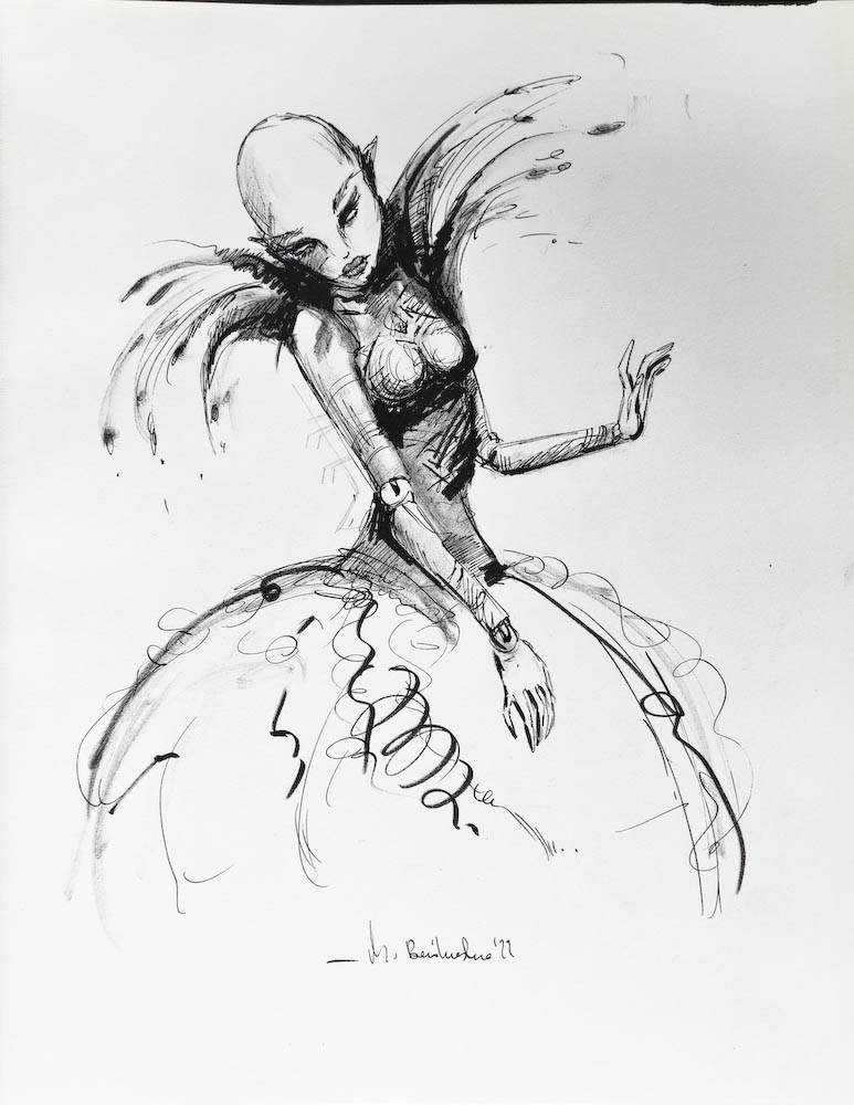 Reverence. Drawing, ink on paper. 2022 Małgorzata Bańkowska. Surreal artist from Poland. Artist sketchbook. NFT Artist, biomechanics. Auctions.