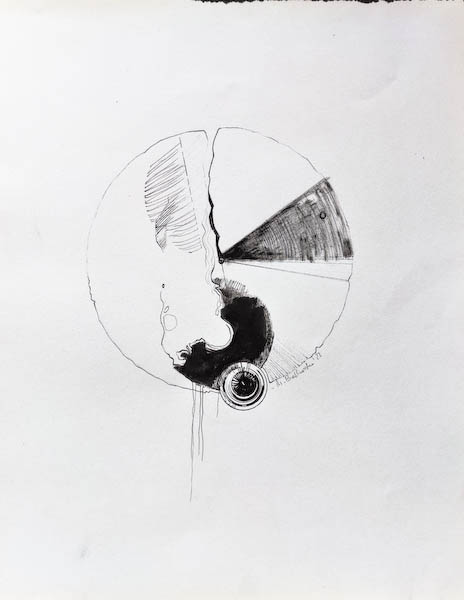 Conspiracy Theory. Drawing, ink on paper. 2022 Małgorzata Bańkowska. Surreal artist from Poland. Artist sketchbook. NFT Artist, biomechanics. Auctions.