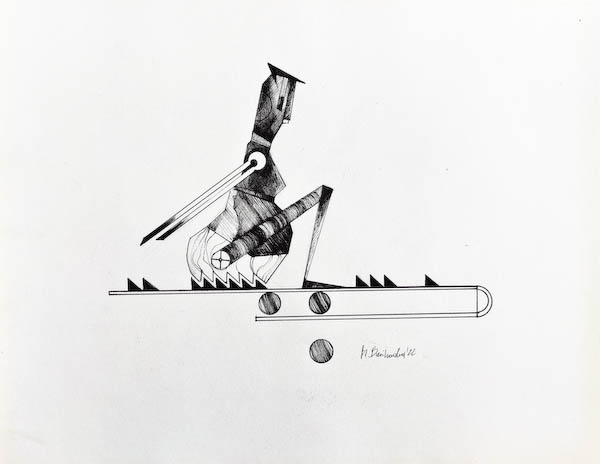 Training. Drawing, ink on paper. 2022 Małgorzata Bańkowska. Surreal artist from Poland. Artist sketchbook. NFT Artist, biomechanics. Auctions.