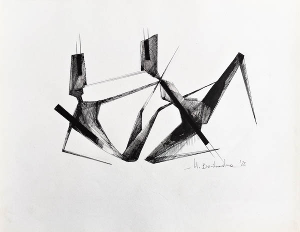 Wooing. Drawing, ink on paper. 2022 Małgorzata Bańkowska. Surreal artist from Poland. Artist sketchbook. NFT Artist, biomechanics. Auctions.