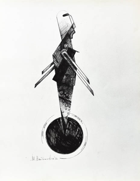  Batoon. Drawing, ink on paper. 2022 Małgorzata Bańkowska. Surreal artist from Poland. Artist sketchbook. NFT Artist, biomechanics. Auctions.