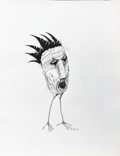 Birdy. Drawing, ink on paper. 2022 Małgorzata Bańkowska. Surreal artist from Poland. Artist sketchbook. NFT Artist, biomechanics. Auctions.