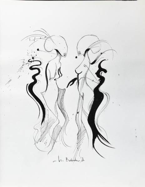 Sisters. Drawing, ink on paper. 2022 Małgorzata Bańkowska. Surreal artist from Poland. Artist sketchbook. NFT Artist, biomechanics. Auctions.