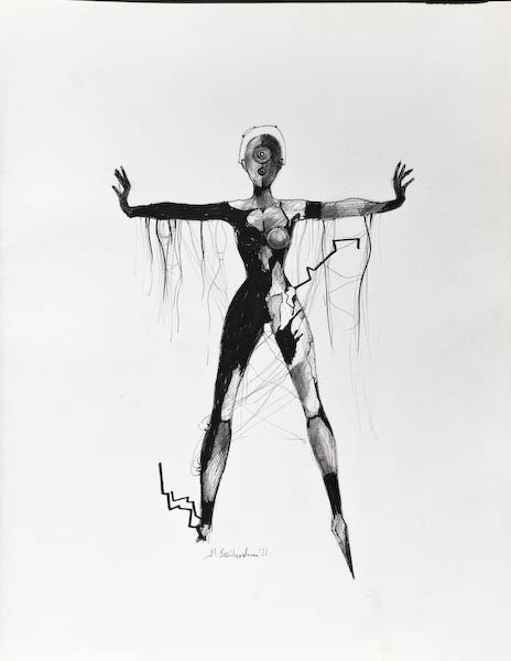 Keto. Drawing, ink on paper. 2022 Małgorzata Bańkowska. Surreal artist from Poland. Artist sketchbook. NFT Artist, biomechanics. Auctions.