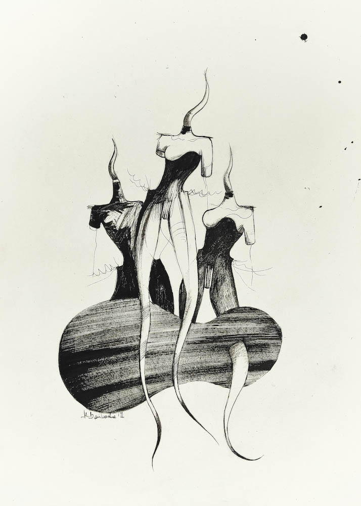 Electric Strings 2022, Małgorzata Bańkowska mono stereo rysunek tuszem na papierze dystopia ink on paper dystopian art surrealism dystopijna sztuka polska surreal artist