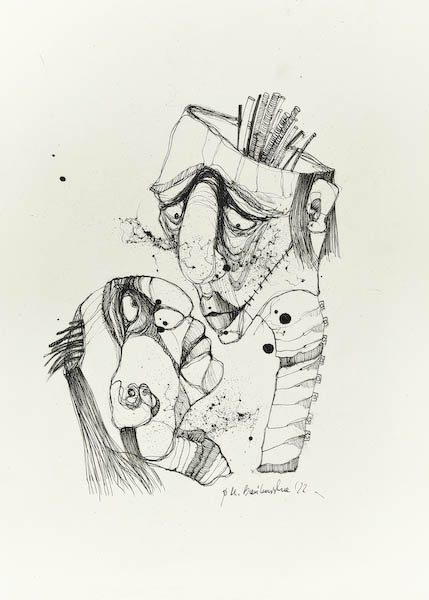 5G 2022, Małgorzata Bańkowska mono stereo rysunek tuszem na papierze dystopia ink on paper dystopian art surrealism dystopijna sztuka polska surreal artist