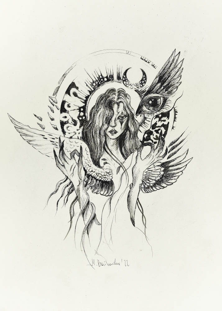 Nike 2022, Małgorzata Bańkowska mono stereo rysunek tuszem na papierze ink artwork ink drawing on paper dystopian art surrealizm sztuka dystopijna