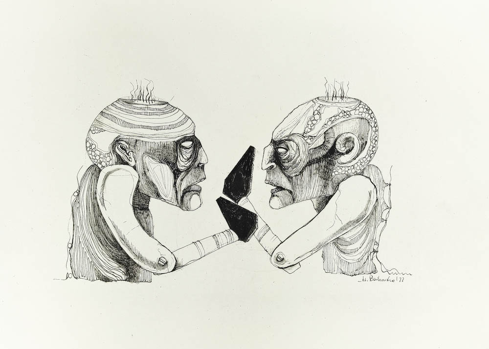 Blacksmiths 2022, Małgorzata Bańkowska mono stereo rysunek tuszem na papierze ink artwork ink drawing on paper dystopian art surrealizm sztuka dystopijna