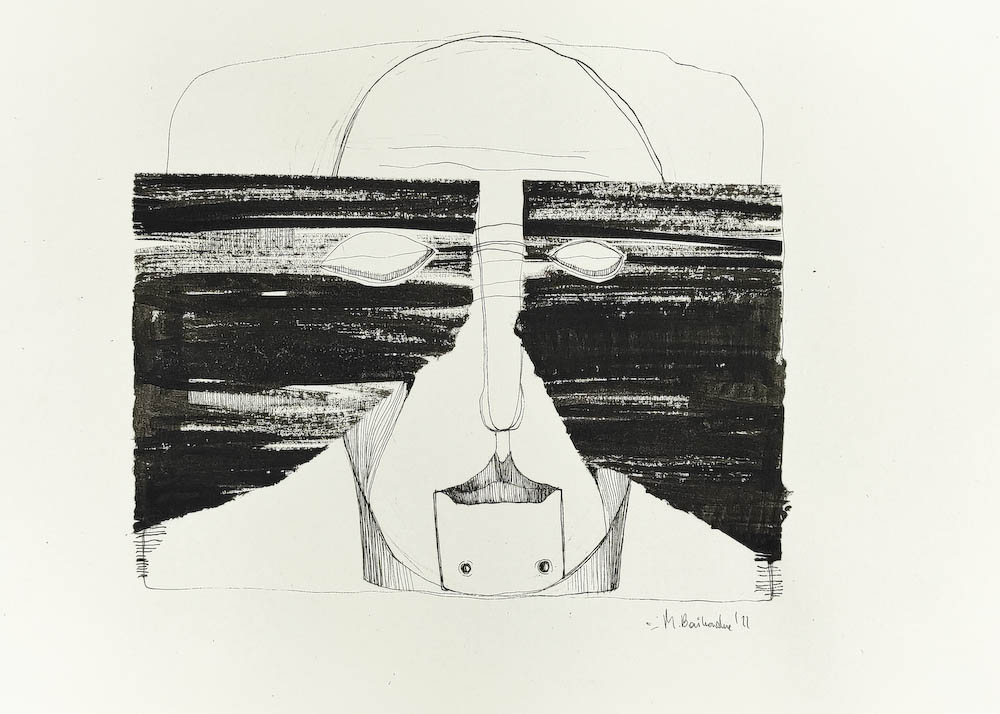 Mask of Illusions 01 2022, Małgorzata Bańkowska mono stereo rysunek tuszem na papierze ink artwork ink drawing on paper dystopian art surrealizm sztuka dystopijna