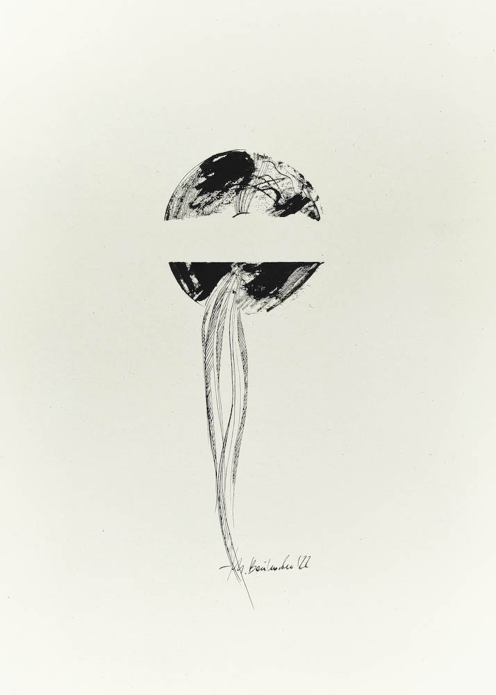 T4 2022, Małgorzata Bańkowska mono stereo rysunek tuszem na papierze ink artwork ink drawing on paper dystopian art surrealizm sztuka dystopijna