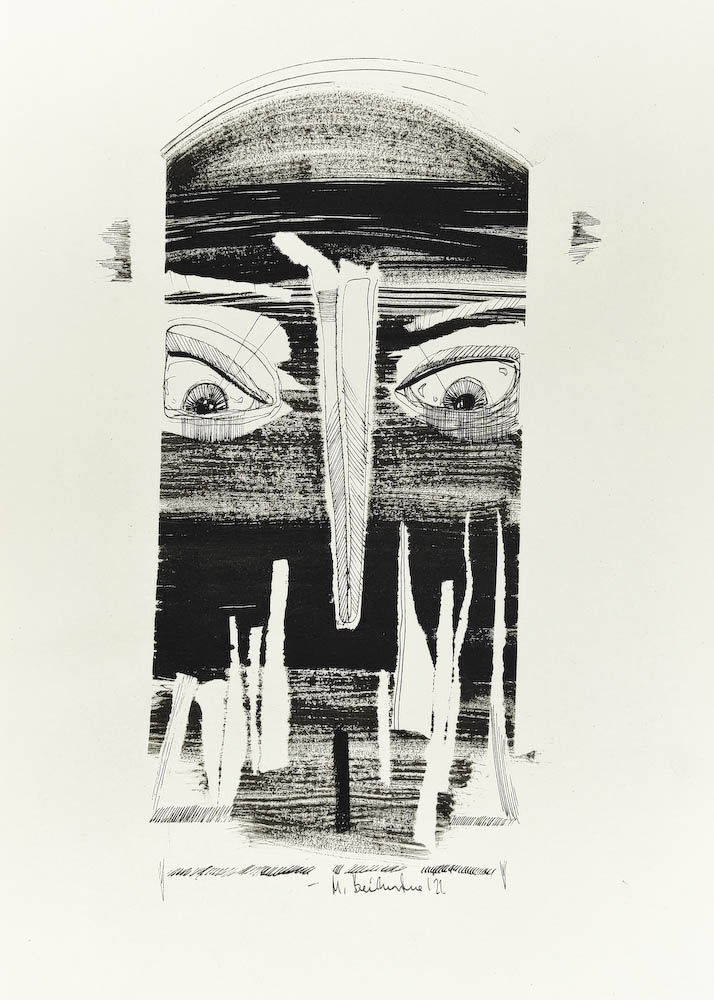 Judas 2022, Małgorzata Bańkowska mono stereo rysunek tuszem na papierze ink artwork ink drawing on paper dystopian art surrealizm sztuka dystopijna
