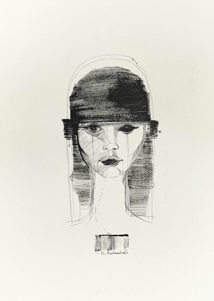 Cyber Girl 2022, Małgorzata Bańkowska mono stereo rysunek tuszem na papierze ink artwork ink drawing on paper dystopian art surrealizm sztuka dystopijna
