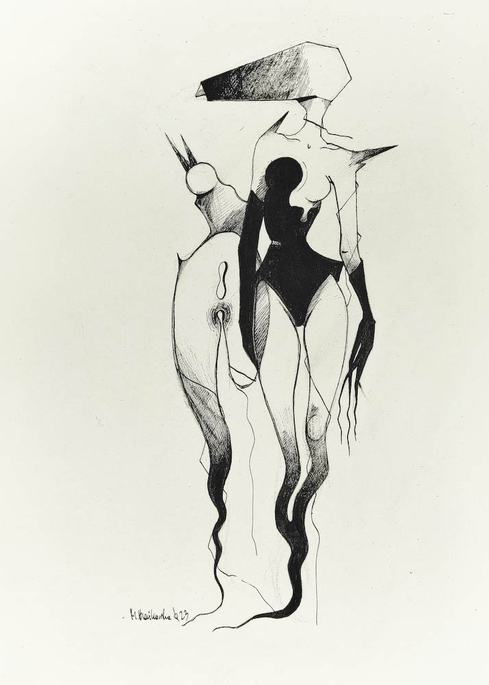 Orfy 2022, Małgorzata Bańkowska mono stereo rysunek tuszem na papierze ink artwork ink drawing on paper dystopian art surrealizm sztuka dystopijna