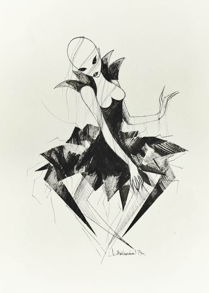 Ballerina 2022, Małgorzata Bańkowska mono stereo rysunek tuszem na papierze ink artwork ink drawing on paper dystopian art surrealizm sztuka dystopijna