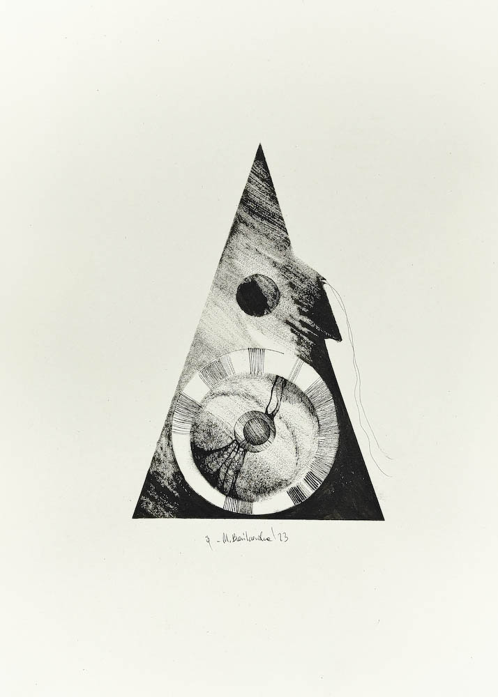 Warp Drive 2023, Małgorzata Bańkowska mono stereo rysunek tuszem na papierze ink artwork ink drawing on paper dystopian art surrealizm sztuka dystopijna