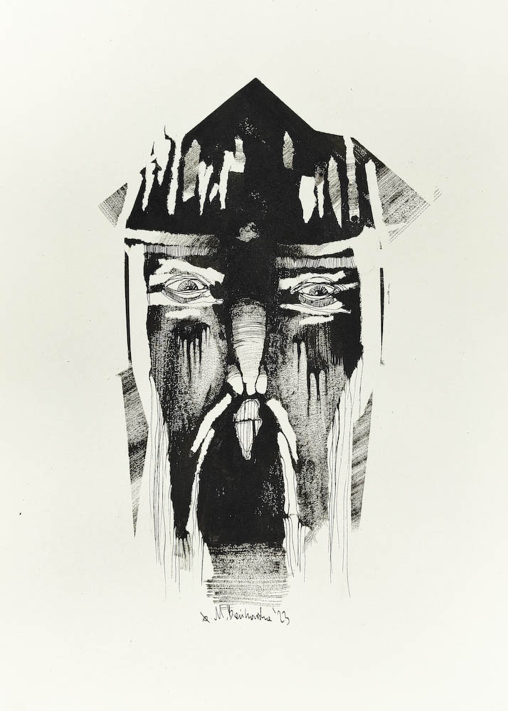 Rice 2023, Małgorzata Bańkowska mono stereo rysunek tuszem na papierze ink artwork ink drawing on paper dystopian art surrealizm sztuka dystopijna