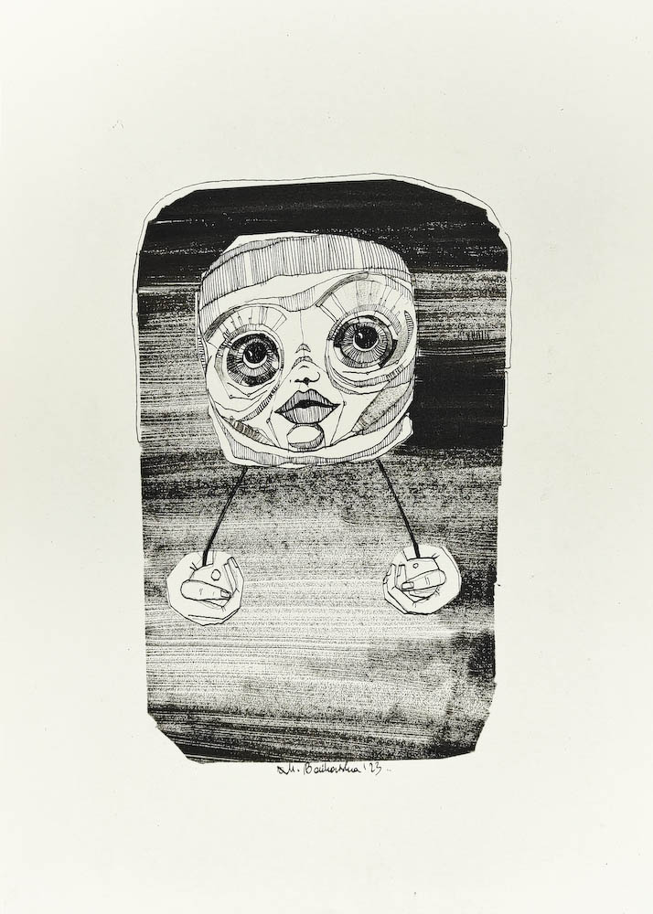 Flipper 2023, Małgorzata Bańkowska mono stereo rysunek tuszem na papierze ink artwork ink drawing on paper dystopian art surrealizm sztuka dystopijna
