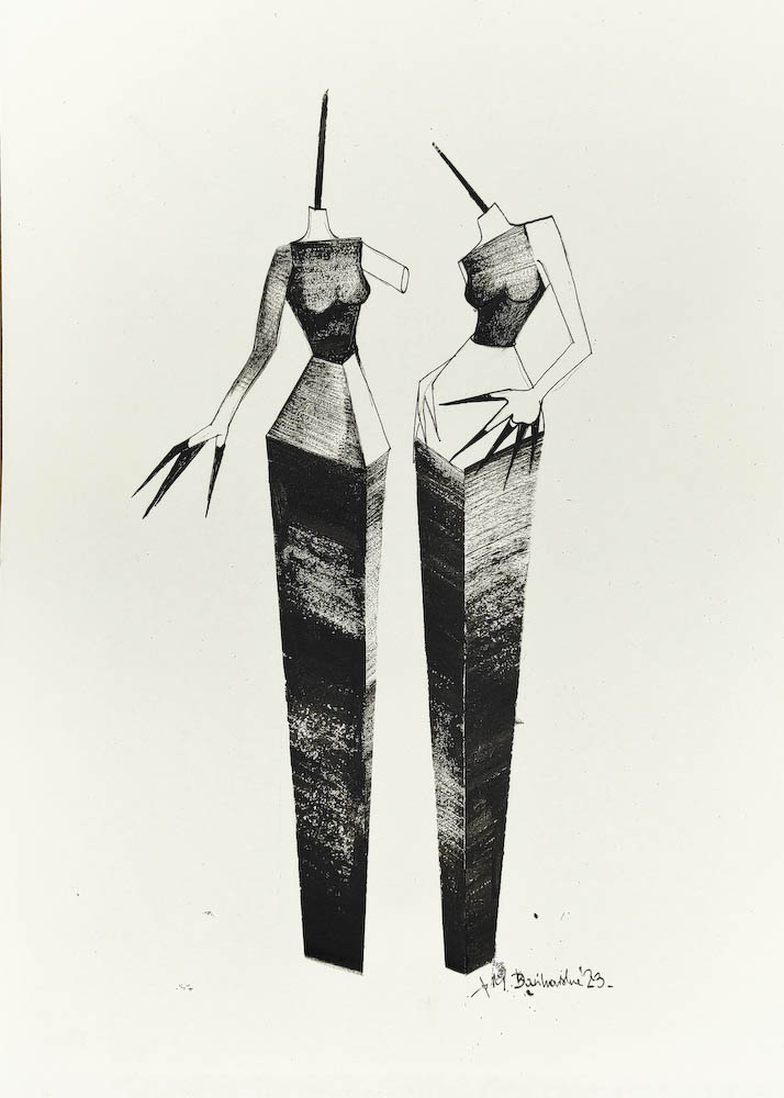 Columns 2023, Małgorzata Bańkowska mono stereo rysunek tuszem na papierze ink artwork ink drawing on paper dystopian art surrealizm sztuka dystopijna