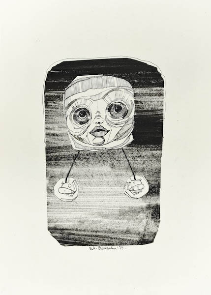 Flipper 2023, Małgorzata Bańkowska mono stereo rysunek tuszem na papierze ink artwork ink drawing on paper dystopian art surrealizm sztuka dystopijna