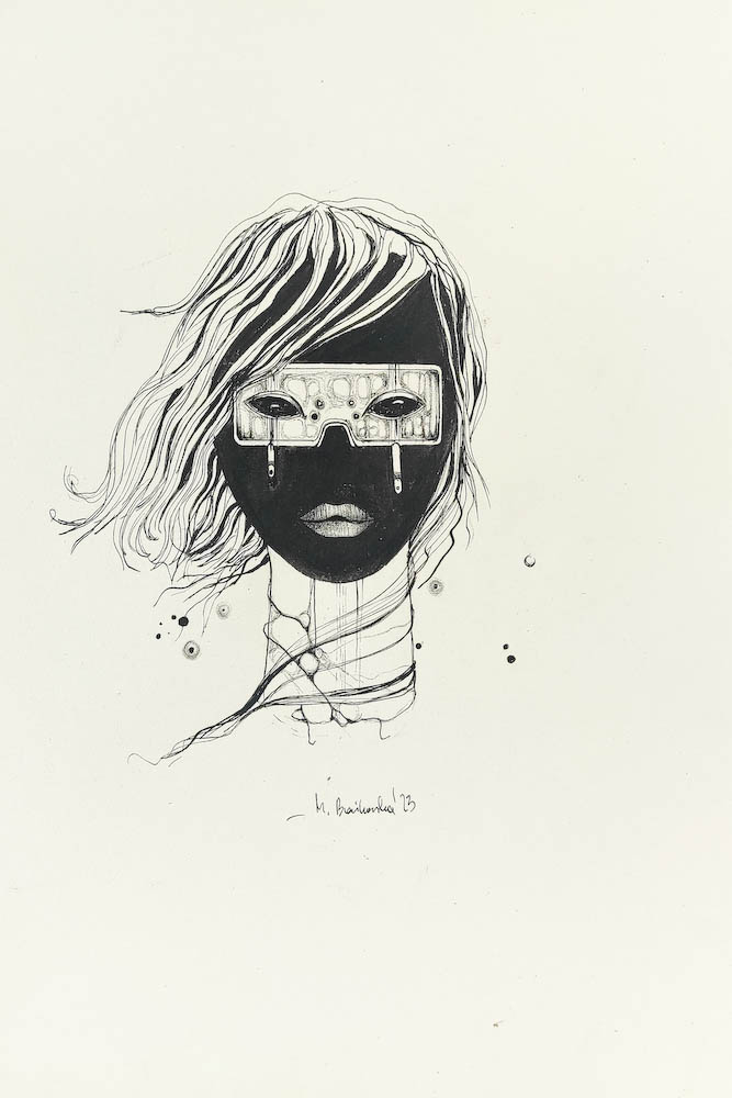 Daddy 2023, Małgorzata Bańkowska mono stereo rysunek tuszem na papierze ink artwork ink drawing on paper dystopian art surrealizm sztuka dystopijna