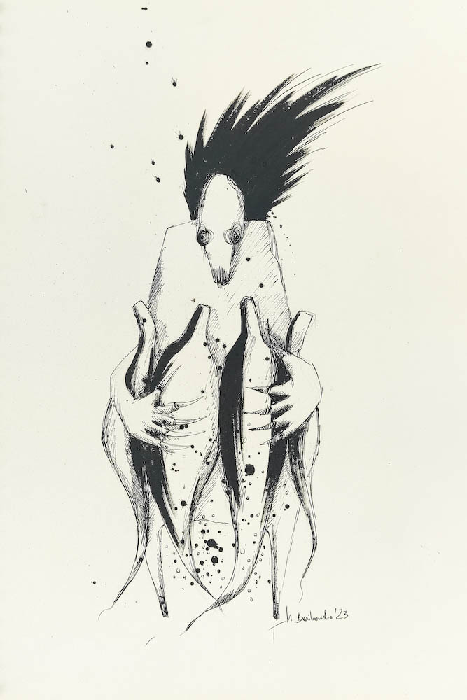 Angel 2023, Małgorzata Bańkowska mono stereo rysunek tuszem na papierze ink artwork ink drawing on paper dystopian art surrealizm sztuka dystopijna
