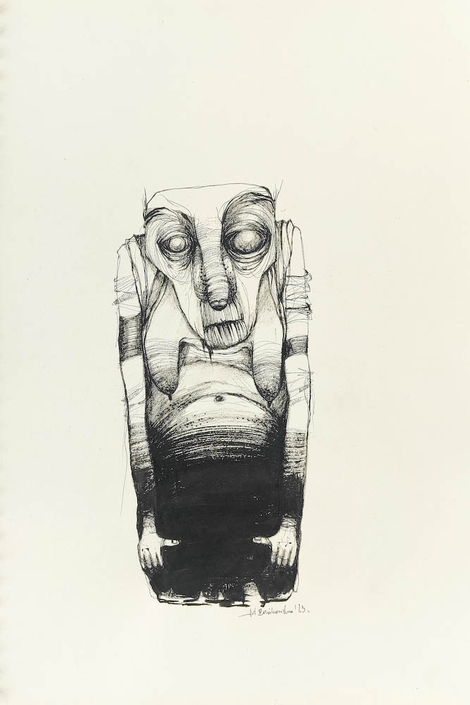 Scrotum 2023, Małgorzata Bańkowska mono stereo rysunek tuszem na papierze ink artwork ink drawing on paper dystopian art surrealizm sztuka dystopijna