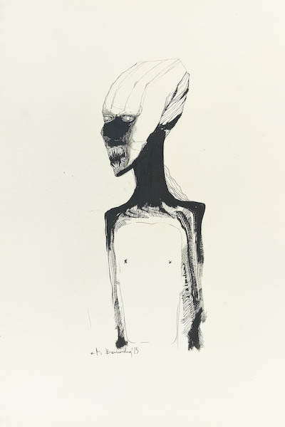 Spectre 2023, Małgorzata Bańkowska mono stereo rysunek tuszem na papierze ink artwork ink drawing on paper dystopian art surrealizm sztuka dystopijna