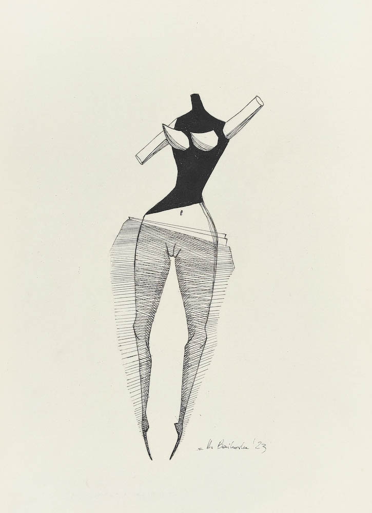 Oversized Tights 2023, Małgorzata Bańkowska mono stereo rysunek tuszem na papierze ink artwork ink drawing on paper dystopian art surrealizm sztuka dystopijna