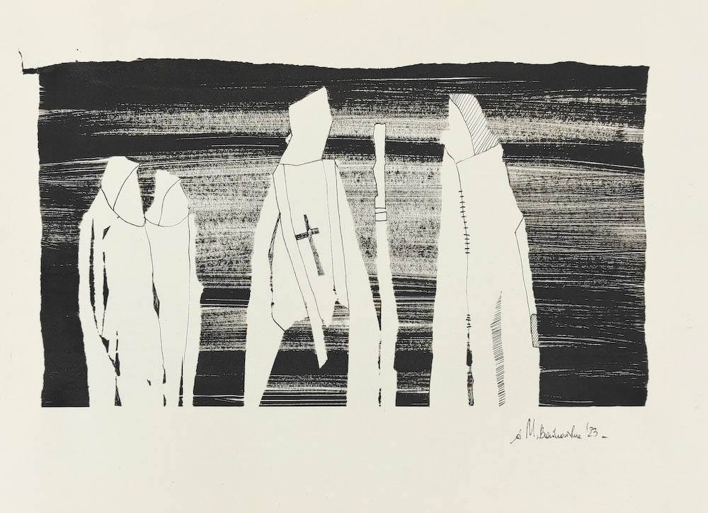 Mass 2023, Małgorzata Bańkowska mono stereo rysunek tuszem na papierze ink artwork ink drawing on paper dystopian art surrealizm sztuka dystopijna