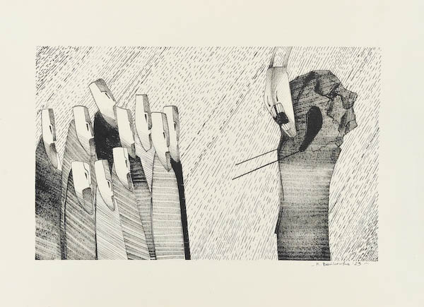 Sermon 2023, Małgorzata Bańkowska mono stereo rysunek tuszem na papierze ink artwork ink drawing on paper dystopian art surrealizm sztuka dystopijna