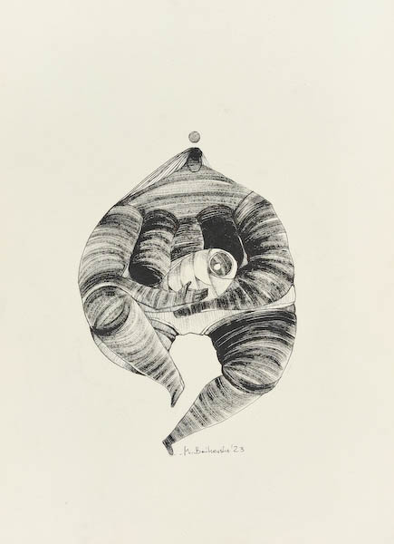 U-mama 2023, Małgorzata Bańkowska mono stereo rysunek tuszem na papierze ink artwork ink drawing on paper dystopian art surrealizm sztuka dystopijna