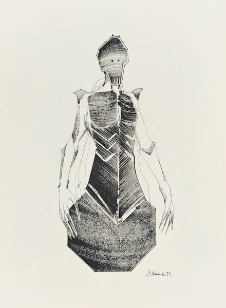 Helga 2023, Małgorzata Bańkowska mono stereo rysunek tuszem na papierze ink artwork ink drawing on paper dystopian art surrealizm sztuka dystopijna