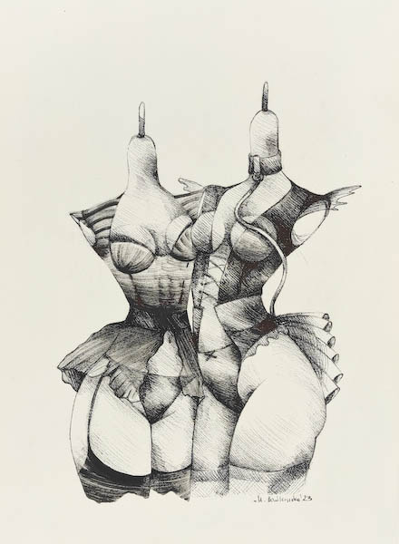 Immodest Synonyms 2023, Małgorzata Bańkowska mono stereo rysunek tuszem na papierze ink artwork ink drawing on paper dystopian art surrealizm sztuka dystopijna