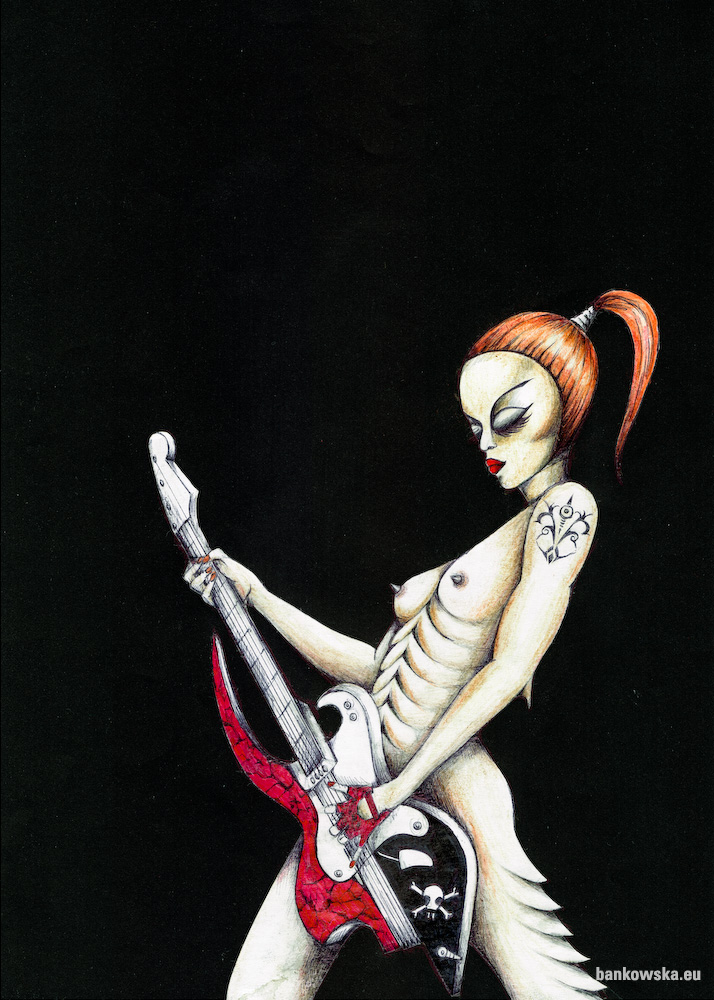 Małgorzata Bańkowska Red Gallery bass guitar Surreal Erotic Art focusing on bodily resonance
