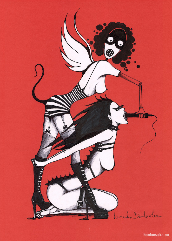 Fets. Bold red erotic fetish art drawing on paper