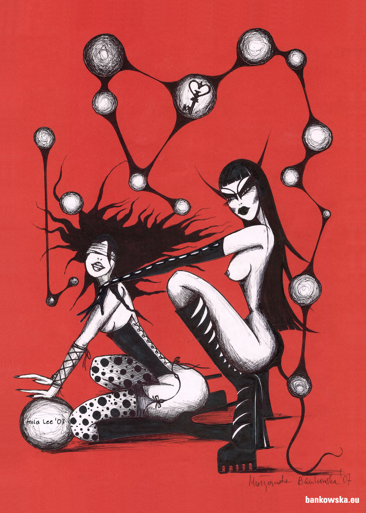 Contemporary erotic art depicting surreal fetish symbolism and desire. Surreal erotic fetish drawing with strong red composition.