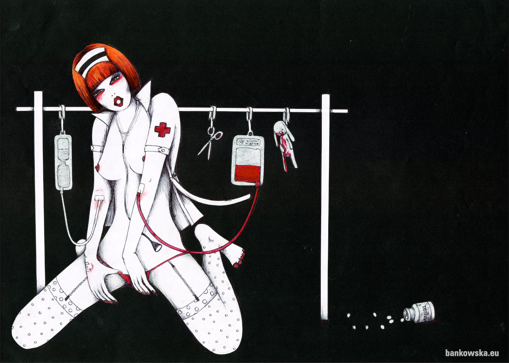 Contemporary erotic art drawing My Sister Is Morphine - Medical fetish surreal erotic drawing