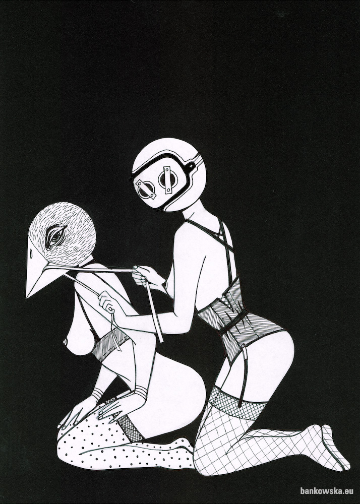 Małgorzata Bańkowska Red Gallery ptaki polska sztuka rysunek polish art drawing erotyka fetysz erotic fetish biomechanika biomechanics