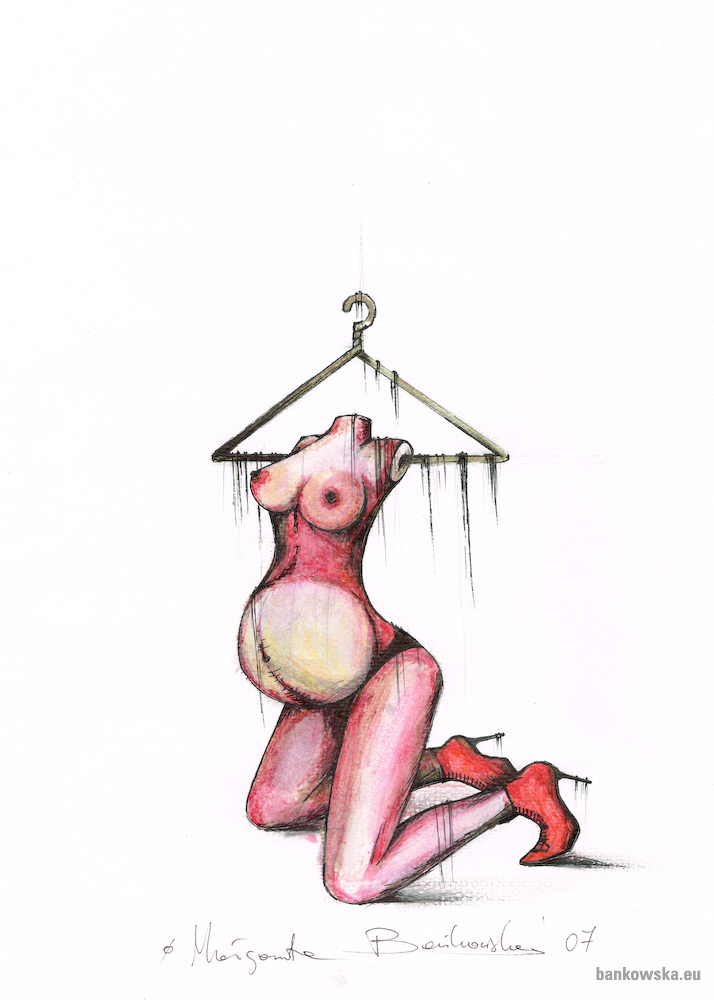 Małgorzata Bańkowska Red Gallery Old Disguise Feminist erotic drawing depicting pregnancy, fetish and bodily change