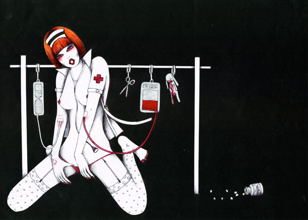 My Sister Is Morphine erotic art drawing with medical fetish elementsztuka rysunek polish art drawing erotyka fetysz erotic fetish biomechanika biomechanics