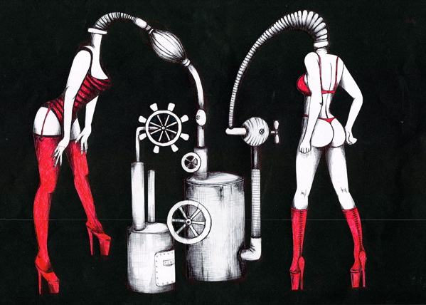 Contemporary erotic art drawing exploring fetish art and surreal systems