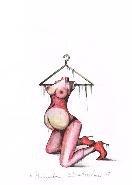 Małgorzata Bańkowska Red Gallery Old Disguise Surreal erotic drawing of a pregnant female body exploring identity and transformation.
