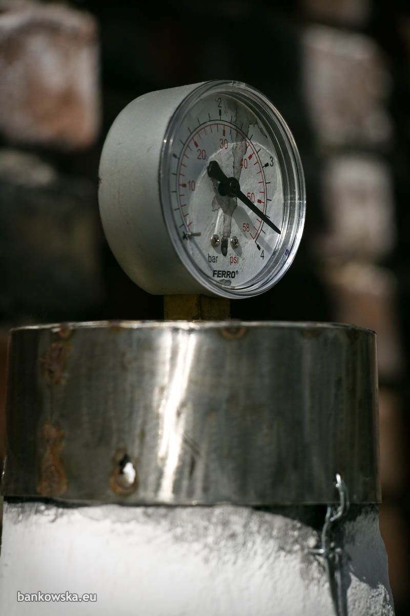 Female torso sculpture with pressure gauge and steel framework